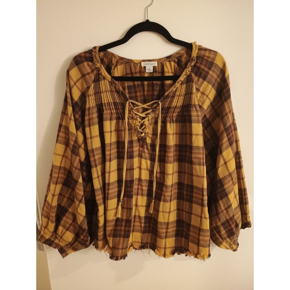 Sundance Plaid Boho Peasant Blouse Size S 100% Cotton Lace Up Fringe Hem Top